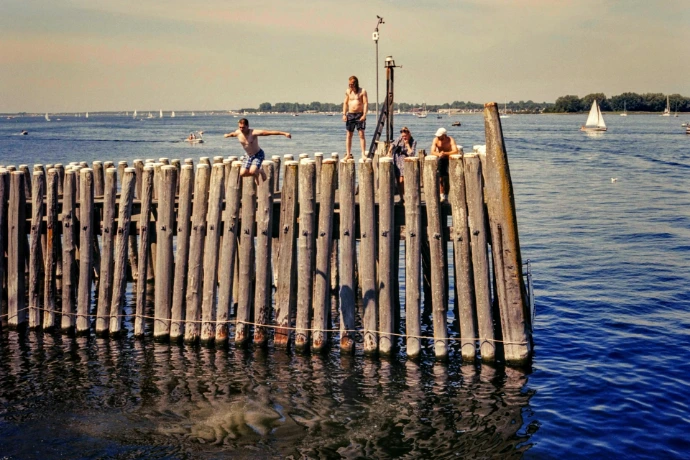 Kids are jumping off a wooden pier into the water.
